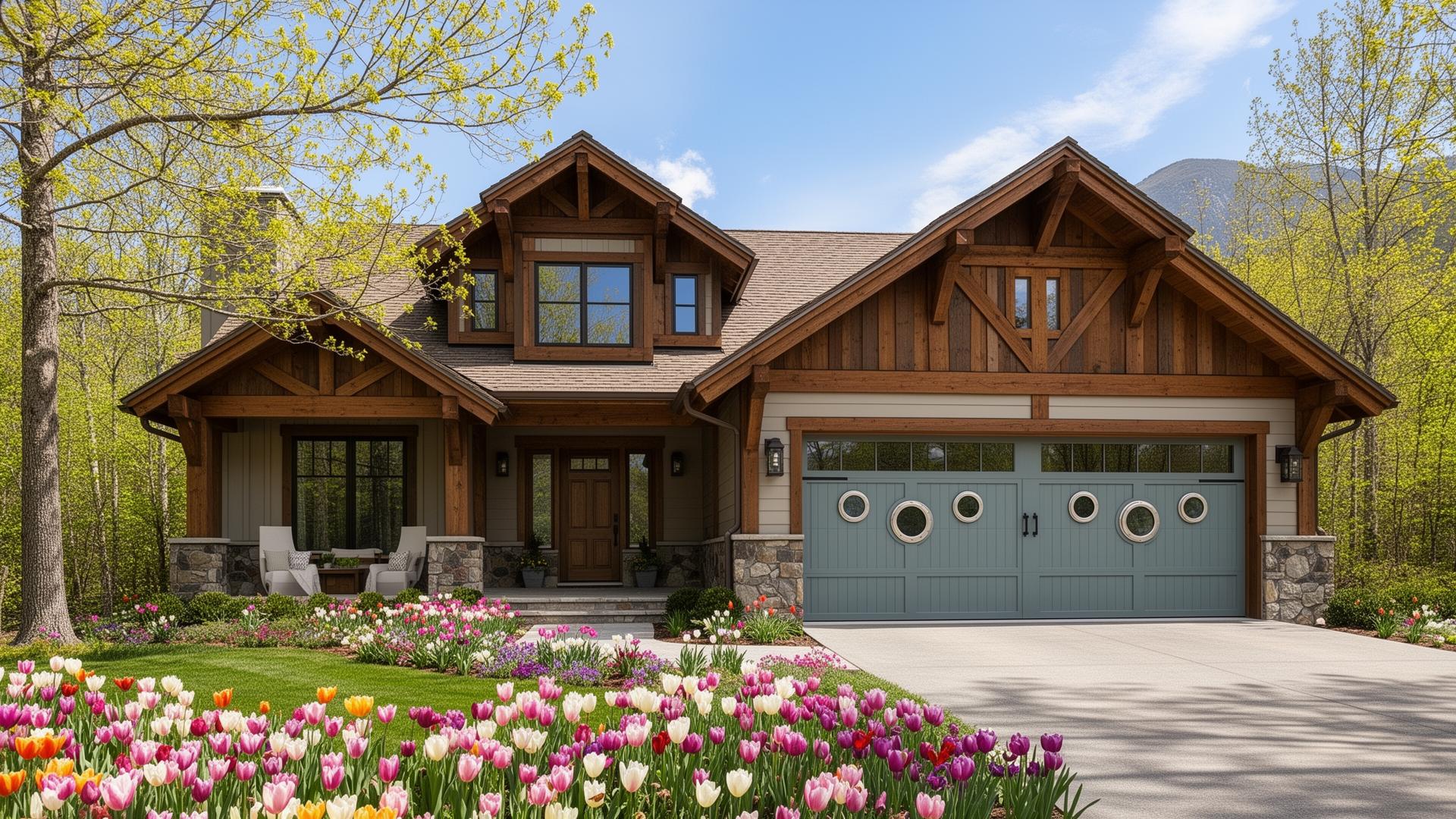 Beautiful mountain lodge home with coastal style garage doors with porthole windows